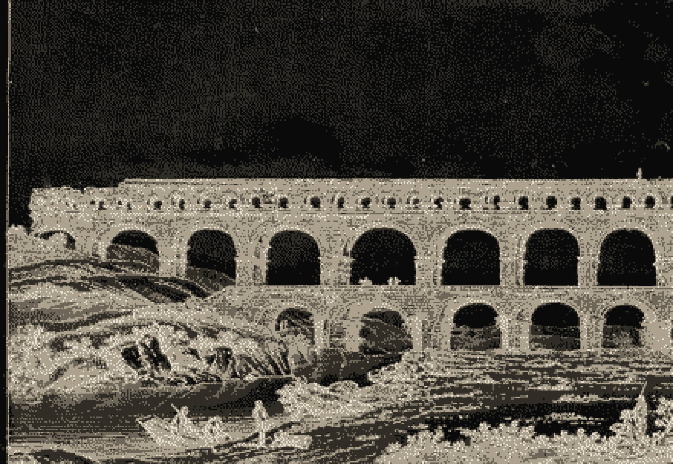 Dithered etching of the Pont du Gard aqueduct, light on dark