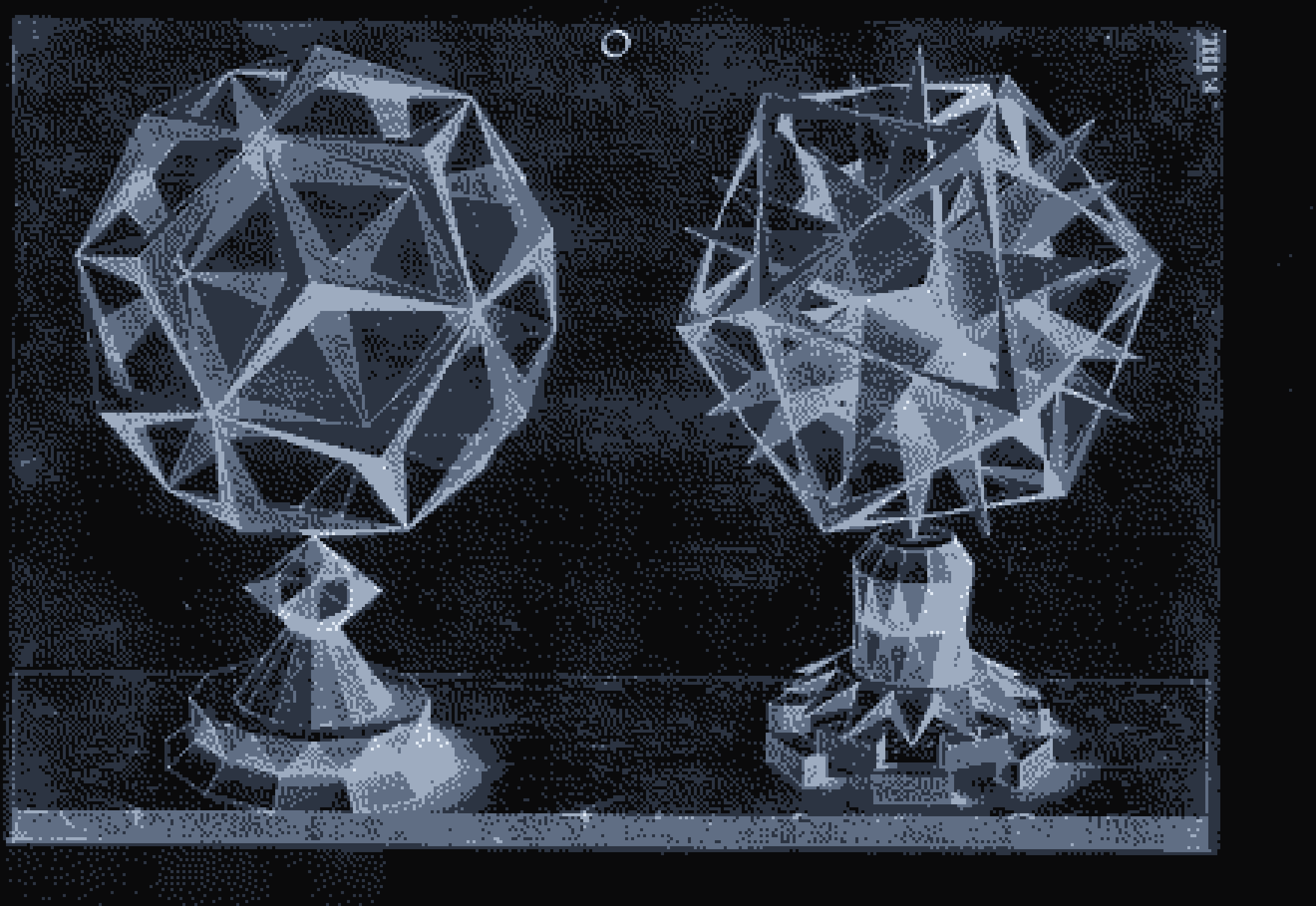 Dithered engraving of two geometric polyhedra in steel blue, after Jamnitzer
