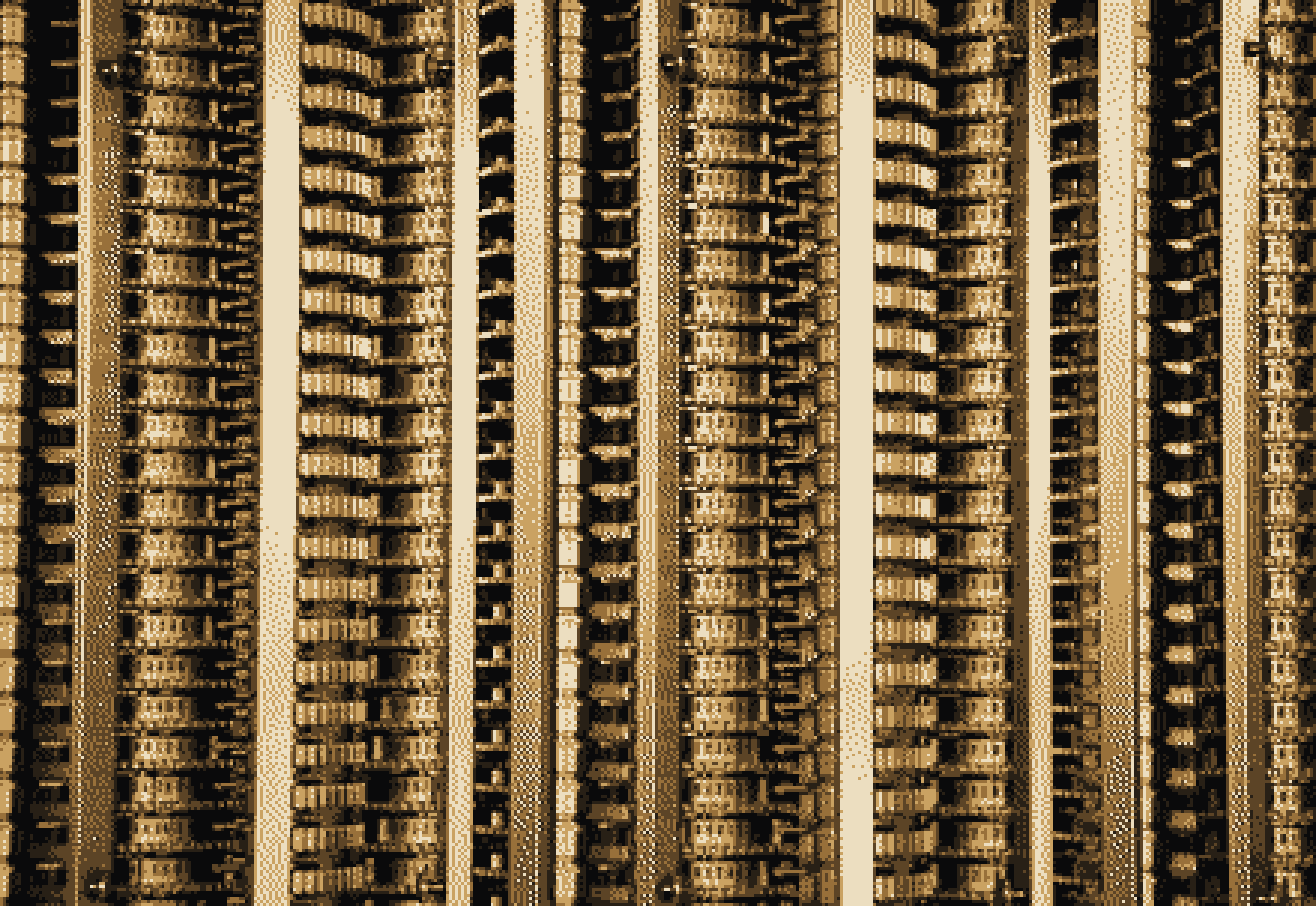Dithered close-up of the Babbage difference engine mechanism in warm brass tones