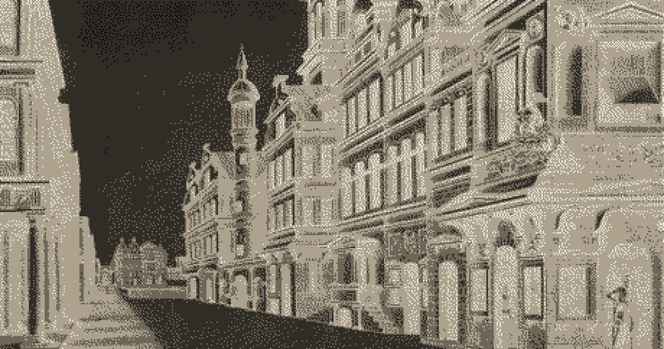 Dithered engraving of a one-point perspective street, after Vredeman de Vries